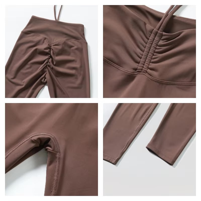 A close up of high waisted, brown leggingd for women