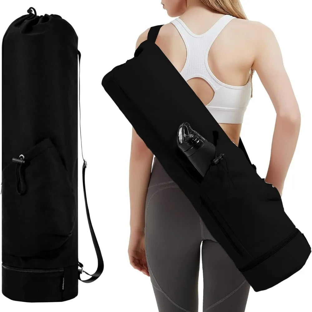 Woman carrying a black yoga mat bag 