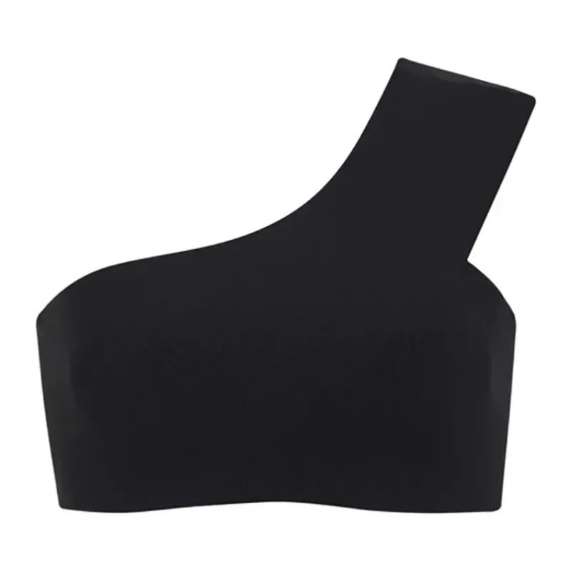 a black, one shoulder sports bra