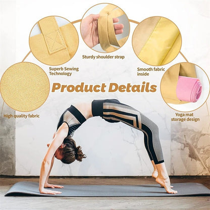 Woman exercising on a yoga mat that has been stored in a yellow yoga mat bag
